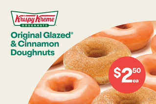 $2.50 each, Krispy Kreme Original Glazed® & Cinnamon Doughnuts.