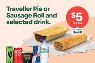 $5 Meal Deal. Traveller Pie or Sausage Roll and selected drink.