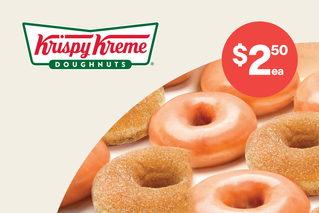 $2.50 each - Krispy Kreme Original Glazed® and Cinnamon Doughnuts.