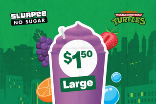 Slurpee No Sugar - Inspired by Teenage Mutant Ninja Turtles. ©2025 Viacom Overseas Holdings C.V. All Rights Reserved.   Fruit shown is illustrative and not an ingredient of the product. Nutritional information available at 7eleven.com.au/slurpee.