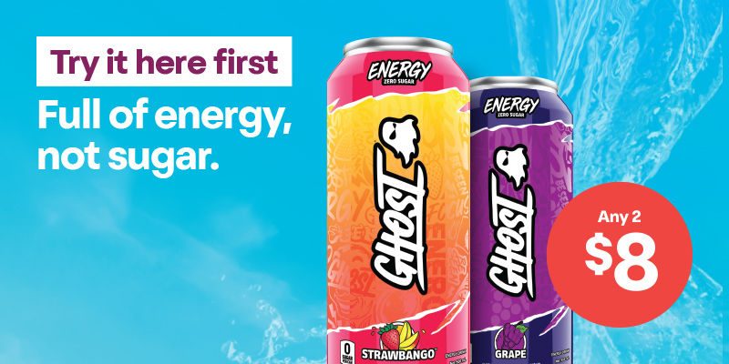 Try it here first. Full of energy, not sugar. Ghost Energy 500mL varieties. 2 for $8